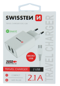 Nabíjačka Swissten Smart IC 2 x USB + Micro Usb kábel, 2.1A, 10,5W biela