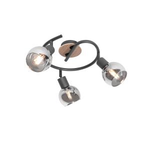 Stropné svietidlo čierne 44,5 cm s dymovým sklom a drevom 3-svetlo - Vidro