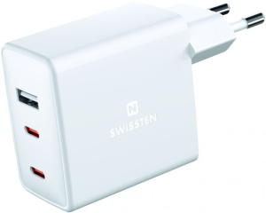 Sieťová nabíjačka Swissten GaN 2x USB-C + 1xUSB 70W, biela