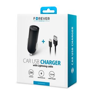 Auto nabíjačka Forever M02 USB 2A s lightning káblom čierna