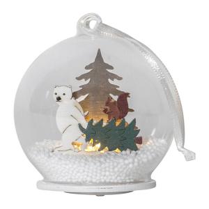 Sklenená LED guľa Forest Friends medveď so stromom