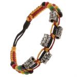 Farebný náramok zo šnúrok, ozdobné kovové valčeky a korálky S12.25