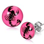 Náušnice z chirurgickej ocele, škorpión na ružovom podklade S21.28