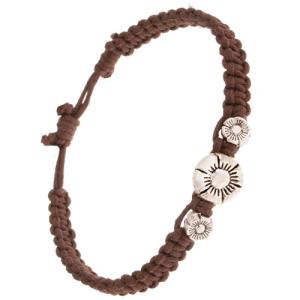 Pletený náramok z gaštanovohnedých šnúrok, tri patinované kvety S29.18