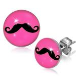 Puzetové náušnice z chirurgickej ocele, čierne fúzy na ružovom podklade SP39.27