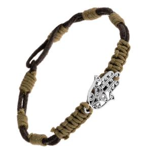 Pletený náramok s príveskom z ocele - vyrezávaná ruka Fatimy, čiernozelený SP55.21