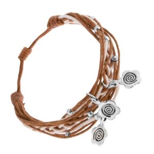 Pletený náramok zo šnúrok, nastaviteľná dĺžka, prívesky - kvety, špirála SP83.03