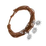 Šnúrkový náramok hnedej farby, oceľové guličky, prívesky - slniečka SP86.07