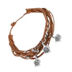 Svetlohnedý šnúrkový náramok, ozdoby z ocele - guličky a kvietky U26.10