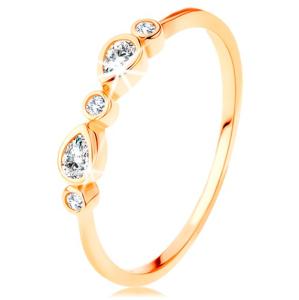 Prsteň v žltom 14K zlate - okrúhle a slzičkové zirkóny čírej farby, lesklé ramená S3GG126.03/16/126.20/198.51/53 - Veľkosť: 60 mm