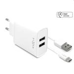 FIXED Sieťová nabíjačka Smart Rapid Charge s 2 x USB, 15 W a kábel USB/USB-C 1m, biela FIXC15-2UC-WH