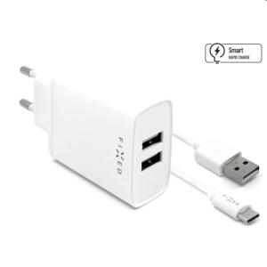 FIXED Sieťová nabíjačka Smart Rapid Charge s 2 x USB, 15 W a kábel USB/USB-C 1m, biela FIXC15-2UC-WH
