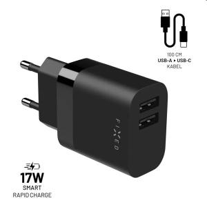 FIXED Set Sieťová nabíjačka 2 x USB výstupomaUSB/USB-C kábla, 1 m, 17 W, Smart Rapid Charge, čierna FIXC17N-2UC-BK