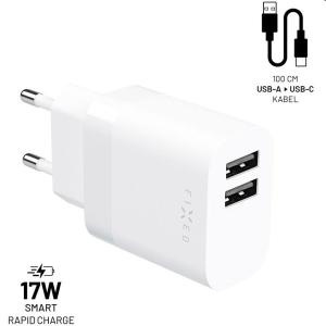 FIXED Set Sieťová nabíjačka 2 x USB výstupomaUSB/USB-C kábla, 1 m, 17 W, Smart Rapid Charge, biela FIXC17N-2UC-WH