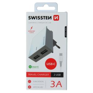 Rýchlonabíjačka Swissten Smart IC 3.A s 2 USB konektormi a dátový kábel USB / USB-C 1,2 m, biela 22043000
