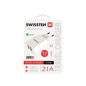 Nabíjačka Swissten Smart IC 2.1A s 2 USB konektormi a dátovým káblom USB/Micro USB, 1,2 m, biela 22051000