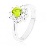Prsteň - trblietavý zirkónový kvietok v čírom a zelenom odtieni, úzke ramená V12.12 - Veľkosť: 61 mm
