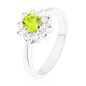 Prsteň - trblietavý zirkónový kvietok v čírom a zelenom odtieni, úzke ramená V12.12 - Veľkosť: 61 mm