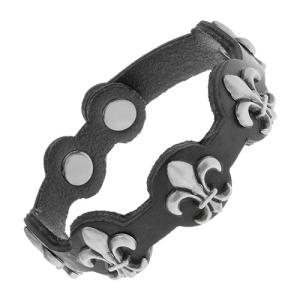 Čierny náramok zo syntetickej kože, oceľové symboly Fleur de Lis Y30.16