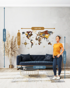 Nástenná drevená mapa sveta 3D, ručne vyrábaná, 300x150 cm industrial
