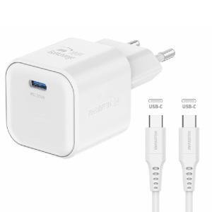 SWISSTEN GaN network adapter 1x USB-C 20 W PD, white + Data cable USB-C/USB-C 1,2 m, white 22070120