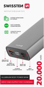 SWISSTEN Aluminum Power Bank 20000mAh 20W Power Delivery Grey