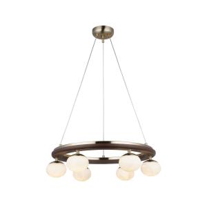 Závesné svietidlo Tolosa, Ø 52 cm, mosadz, 6 svetiel, sklo, drevo
