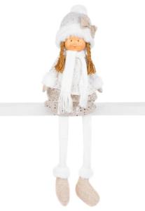 Vianočná dekorácia Dievčatko v bielej čiapke s dlhými nohami, bielo-zlaté, látkové, 45 cm