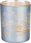 Šedý sklenený svietnik MagicHome, motív zimnej krajinky, 7 cm