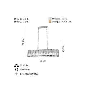 Závesné svietidlo Orvin, mosadzné antické 96x30 cm sklo/kov 16 svetiel.