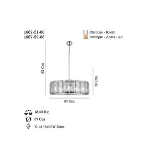 Závesná lampa Orvin, starožitná mosadz, Ø 67 cm, sklo/kov 8 svetiel.