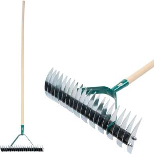 Hrable na trávnik 11/21-zubé, vertikutačné, prevzdušňovacie, s drevenou násadou