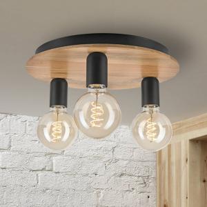 Stropné svietidlo Dusty, bukové drevo, čierna farba, Ø 33 cm, 3 svetlá