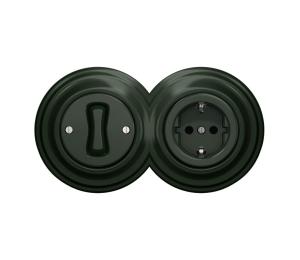 lap - Retro jednopólový vypínač č. 1 a zásuvka SCHUKO 230 V so zeleným rámikom 2xKA0062+KA0055+KA0112