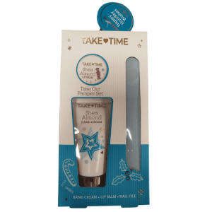 TAKE TIME Shea almond krém na ruky + balzam na pery + pilník na nechty darčekový set
