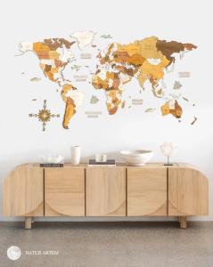 Nástenná drevená mapa sveta 3D, ručne vyrábaná, 200x100cm Natur artem NEMECKÝ JAZYK