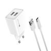 Sturdo adaptér 2,1A 2x USB-A + USB-C kábel - biely