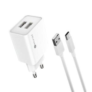 Sturdo adaptér 2,1A 2x USB-A + USB-C kábel - biely