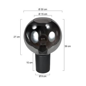 Stolová lampa Bloeba, čierna/dymovo sivá, Ø 30 cm, sklenená guľa