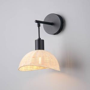 Nástenné svetlo Calvi, prírodný ratan, čierna, kov, Ø 18 cm