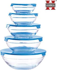 Sada 5 sklenených misiek s vekom Herzberg HG-5007, modrá