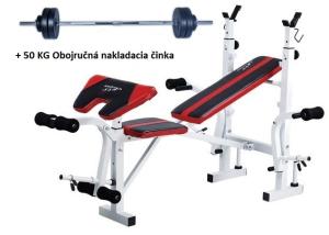 Bench lavička s bicepsovým pultom + 50 kg nakladacia obojručná činka Spartan